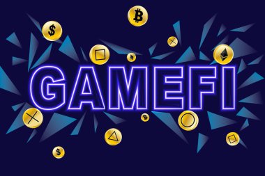Soyut arkaplanda GameFi parlak yazı tipi. Bitcoin, Ethereum, dolar ve joystick altın sikke 3D tasarımı simgeleri. Oyun finans, teknoloji tasarımı fikri kazanmak için oyun.