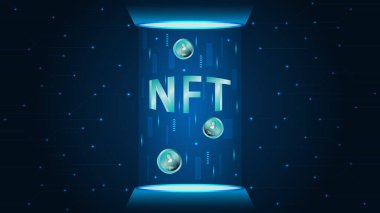 NFT, karşılanamaz jeton konsepti çizimi. Sancak, poster, web sitesi, iniş sayfası ve reklamlar için hologram efektli NFT metni.