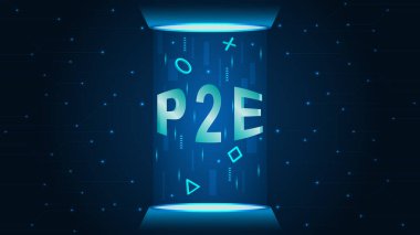 Metaverse, kazanmak için oynamak, oyun finans teknolojisi, mavi hologram portalı. Işınlanma podyumunda hologram efektli P2E metni.