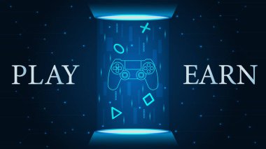 Metaverse, Play to Earn, konsept çizim. Oyun çubuğu podyumda hologram etkisi konsepti afiş, web sitesi, iniş sayfası, reklamlar.