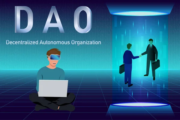 DAO, Decentralized Autonomous Organization. Business people making agreement in hologram. Businessman signing smart contract on blockchain and metaverse.