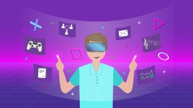 Metaverse Dijital Sanal Gerçeklik Teknolojisi. Oyun, iş, akıllı sözleşme, gamefi, nft, sosyalleşmenin sanal uzay arayüzüne bağlanmak için VR gözlük takan adam.