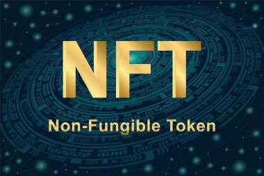 Koyu yeşil fütüristik arka planda NFT, karşılanamayan jetonlar konsepti. NFT 'nin altın metni.