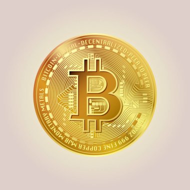 Altın Bitcoin. Şifreli para biriminin gerçekçi çizimi. Bitcoin sembolü arka planda izole..