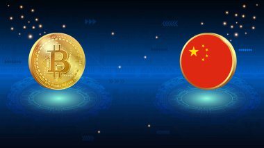 Soyut dijital arka planda parlak altın Bitcoin ve Çin bayrağı. Sancak, web sitesi, iniş sayfası, reklamlar, el ilanı şablonu için Çin bayrağı ve kripto para birimi resimleme kavramı.