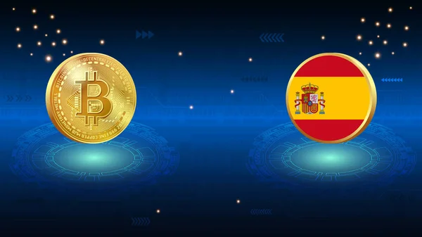 抽象的なデジタル背景に光沢のある金Bitcoinコインとスペインの旗 バナー ウェブサイト ランディングページ チラシテンプレートのためのスペインのフラグと暗号通貨イラストの概念 — ストック写真