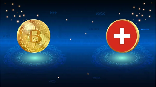 抽象的なデジタル背景に光沢のある金のBitcoinコインとスイスの旗 スイスのルガーノ市はBitcoin Tether Lvga 暗号通貨を合法化する — ストック写真