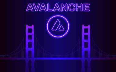 Çığ engeli parlak metin, AVAX kripto parlayan logo ve neon takas köprüsü.