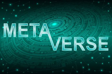 Soyut, fütüristik, yeşil arkaplan üzerinde metaverse metin tasarımı. Metaverse, sanal gerçeklik, artırılmış gerçeklik ve engelleme teknolojisi, kullanıcı arayüzü deneyimi.
