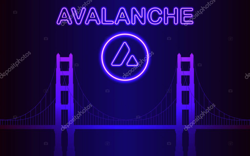 Avalanche blockchain bright text, AVAX cryptocurrency glowing logo and neon exchange bridge.