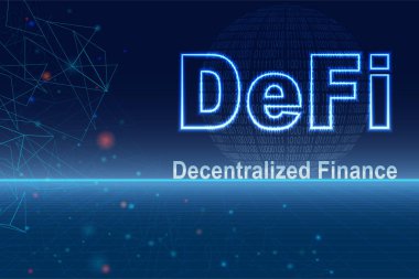 DeFi, ademi merkeziyetçi finansal sistem için yerel finans pankartı, fintech konsept fütüristik tasarım. Soyut arkaplanda dijital 1 ve 0 'dan oluşan Dünya küresi.