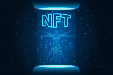 NFT, iadesiz konsept vektör çizimi. Sancak, poster, web sitesi, iniş sayfası ve reklamlar için hologram efekti içeren NFT neon metni ışınlanma podyumunda.
