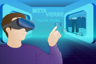 Metaverse sanal gerçeklik alışverişi. Meta-evren vektör illüstrasyon konseptinde alışveriş kıyafetleri giyerken VR gözlük takan genç bir adam. Neon metin tasarımı.