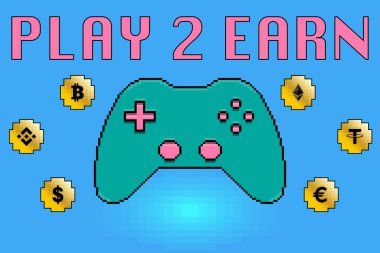 P2E, kazanmak için oyna. Oyun 2 için piksel sanatı konsolu simgesi, mavi arka planda oyun finans teknolojisi konsepti. 8 bit oyun sikkeleri tasarımı.