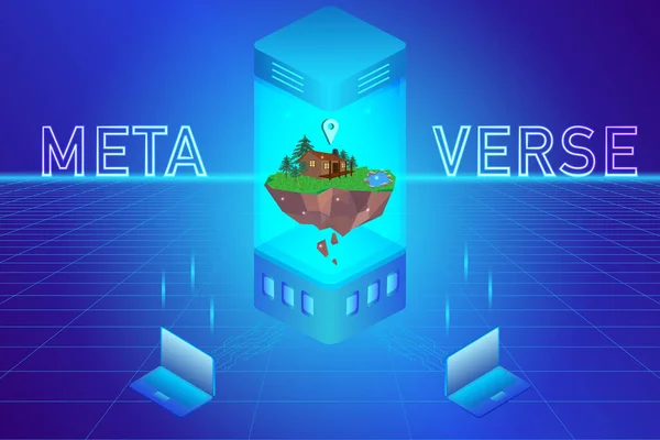 Metaverse Virtual Land Game Finance Technologie Blaues Hologramm Portal Isometrisches — Stockvektor