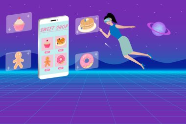 Tatlı gıda dükkanında sanal gerçeklik ortamı. Kadın VR gözlükleri takıyor. 3 boyutlu tatlı pastane yemeklerini akıllı telefon ekranında deneyimliyor. Metaverse gıda konsepti tasarımı.
