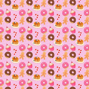 Kusursuz tatlı kalıbı. Pembe ve çikolatalı çörekler, kurabiyeciler, krepler ve pembe arka planda şekerler. Kumaş, duvar kağıdı, afiş, poster. Dekoratif baskı.