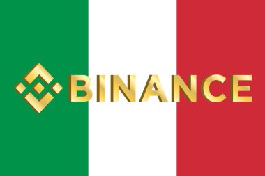 İtalya 'daki Binance ruhsatları. İtalya Kripto Para Servisi Sağlayıcı. Binance Golden logotype ve İtalyan bayrağı. Pankart, web sitesi, iniş sayfası, reklam, broşür.