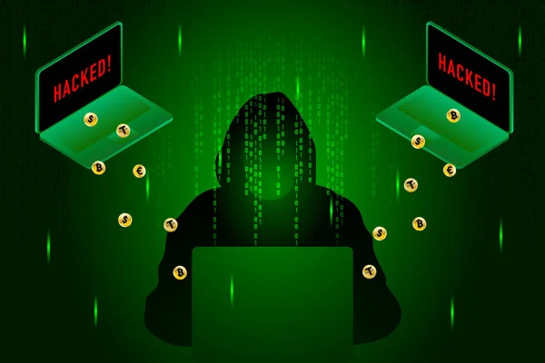 黑客攻击加密货币 网络安全概念 黑客和黑客攻击笔记本电脑的抽象绿色和二进制代码为背景 加密货币安全和隐私问题 — 图库矢量图片
