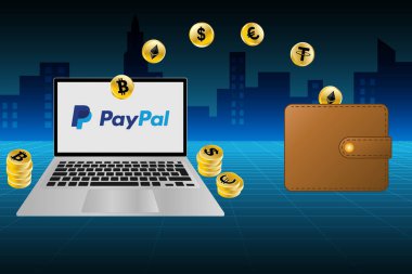 PayPal platformu ve harici cüzdanların dışına şifreli para transferi. PayPal ve kripto para birimleri için çizim konsepti. Pankart, reklam, iniş sayfası, broşür için engelleme haberleri. 