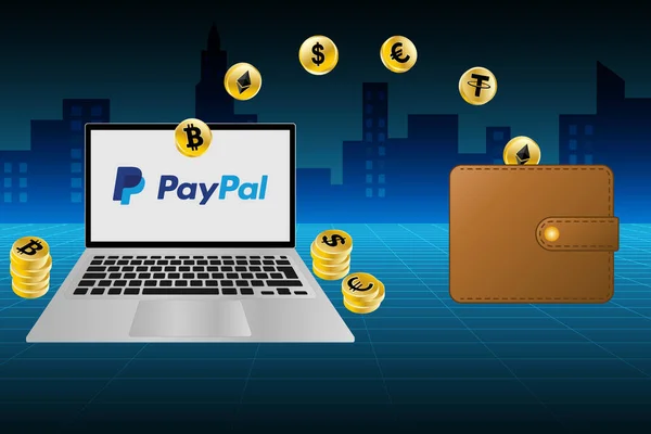 在Paypal平台和外部钱包之外的加密货币转移 Paypal和加密货币的说明性概念 登陆页 传单模板的封锁链新闻 — 图库矢量图片