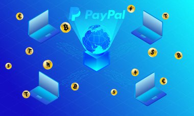 PayPal platformu ve harici cüzdanların dışına şifreli para transferi. PayPal ve kripto para birimleri için çizim konsepti. Pankart, reklam, iniş sayfası, broşür için engelleme haberleri. 