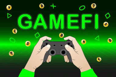 GameFi, Game Finance teknoloji fikri. Futuristik arka planda el ele tutuşan joystick ve neon GameFi metni. Altın kriptolar ve geometrik şekiller.