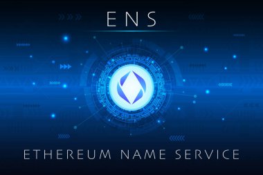 ENS, Ethereum İsim Servisi tasviri. Gelecekteki teknolojik arka planda ENS logosu. Pankart, web sitesi, iniş sayfası ve reklamlar için 3B İllüstrasyon.