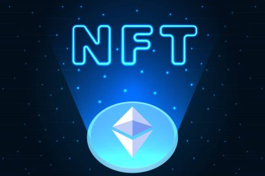 Ethereum, NFT pazar yeri gelişimi 3D vektör illüstrasyonu. ETH, Ethereum logosu ve siber uzay arka planında NFT neon metni. Pankart, web sitesi, iniş sayfası, reklam, broşür.