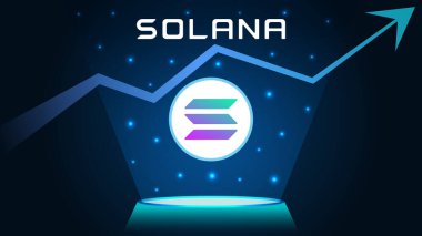SOL, Solana yükselişte ve fiyat yükseliyor. Şifreli para sembolü ve yukarı ok. Sancak, web sitesi, iniş sayfası ve reklamlar için hologram efektli SOL logosu.