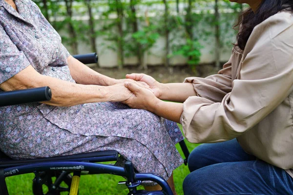 Bakıcı, parkta tekerlekli sandalyede oturan Asyalı yaşlı kadın maluliyet hastasına yardım ediyor..