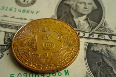 ABD doları üzerindeki altın bitcoin ticari ve ticari para, dijital para, sanal kripto para, engelleme teknolojisi için para banknotları. 