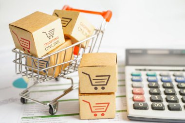 Çevrimiçi alışveriş, hesap makinesinde alışveriş arabası kutusu, ithalat ihracat, finans ticareti.