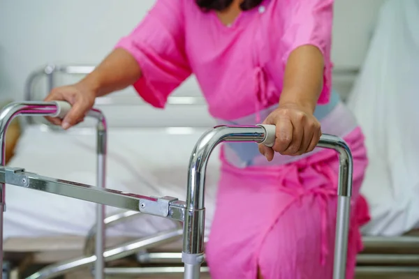 Asian Middle Aged Lady Woman Patient Walk Walker Nursing Hospital — Foto de Stock