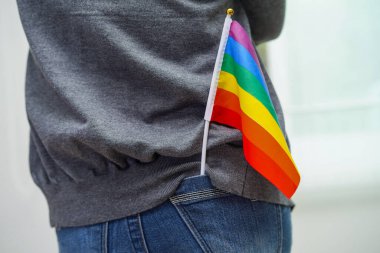 Gökkuşağı bayraklı Asyalı kadın, LGBT sembol hakları ve cinsiyet eşitliği, Haziran ayında LGBT Onur Ayı.