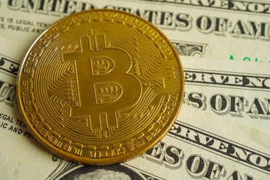 ABD doları üzerindeki altın bitcoin ticari ve ticari para, dijital para, sanal kripto para, engelleme teknolojisi için para banknotları.