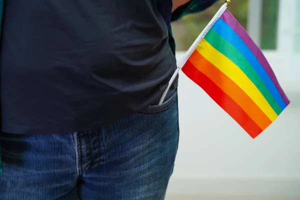 亚洲妇女与彩虹旗 Lgbt符号权利和性别平等 Lgbt骄傲月 — 图库照片