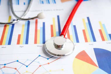 Çizelge ya da grafik kağıdı, Finansal, hesap, istatistik ve iş verileri medikal sağlık kavramı üzerine steteskop ve ABD doları banknotları.