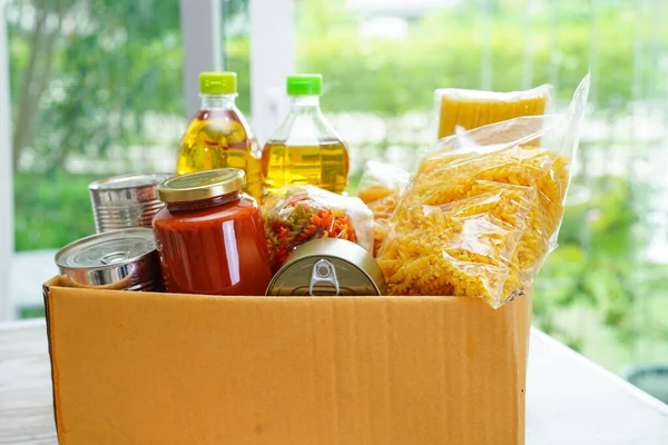 Productos Alimenticios Caja Donación Para Voluntarios — Foto de Stock