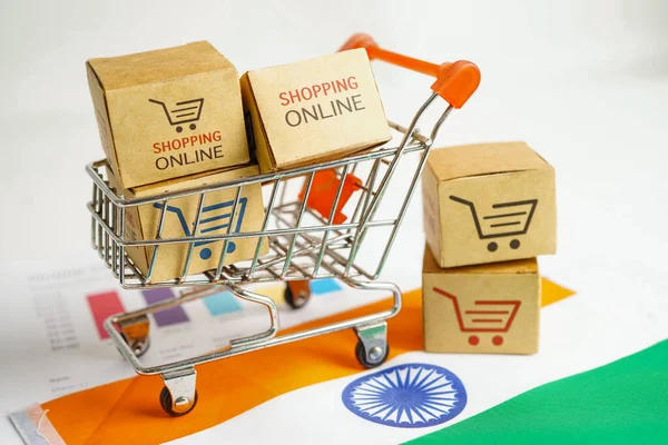 オンラインショッピング インドの旗のショッピングカートボックス 輸出入 金融取引 — ストック写真