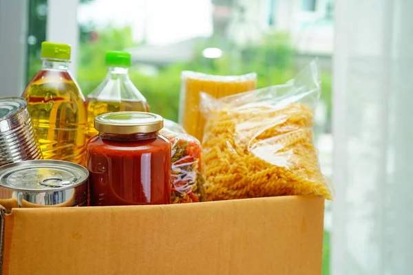 Productos Alimenticios Caja Donación Para Voluntarios — Foto de Stock