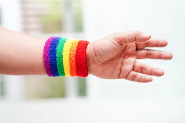 Gökkuşağı bayraklı Asyalı kadın, LGBT sembol hakları ve cinsiyet eşitliği, Haziran ayında LGBT Onur Ayı.