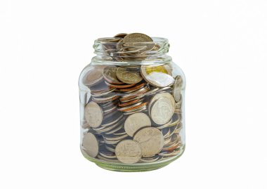 Money coins in grass jar isolated on white background with clipping path, Business saving banking finance investment concept.