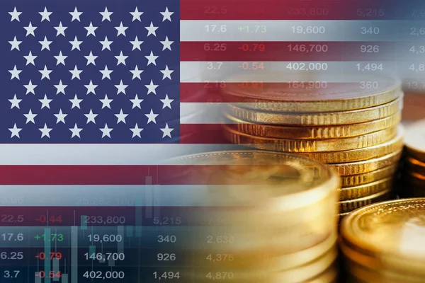 USA America flag with stock market finance, economy trend graph digital technology.