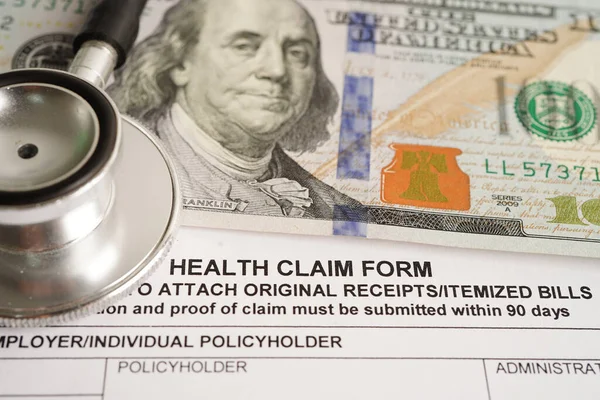 Health Claim Form Stethoscope Dollar Banknotes Insurance Accident Medical Concept — Stock Photo, Image