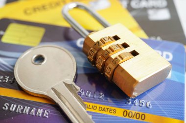 Credit card with password key lock, security finance business concept.