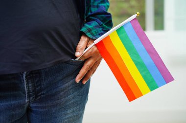 Gökkuşağı bayraklı Asyalı kadın, LGBT sembol hakları ve cinsiyet eşitliği, Haziran ayında LGBT Onur Ayı.