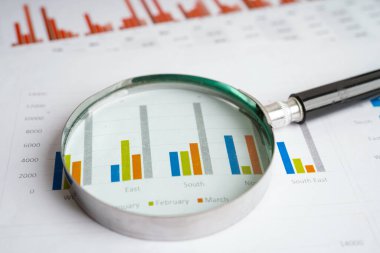 Grafik kağıdındaki büyüteç. Mali kalkınma, Bankacılık Hesabı, İstatistikler, Yatırım Analitik Araştırma Veri Ekonomisi.