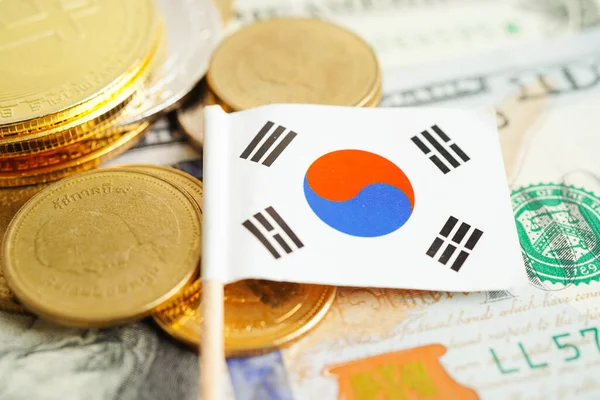 Stack of coins money with South Korea flag, finance banking concep