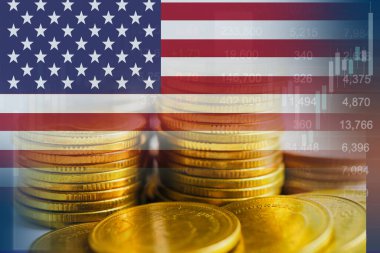USA America flag with stock market finance, economy trend graph digital technology.